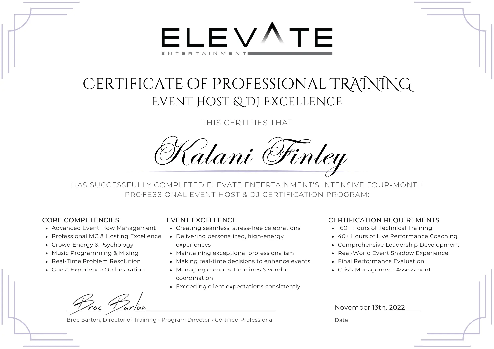 DJ Kalani Certificate