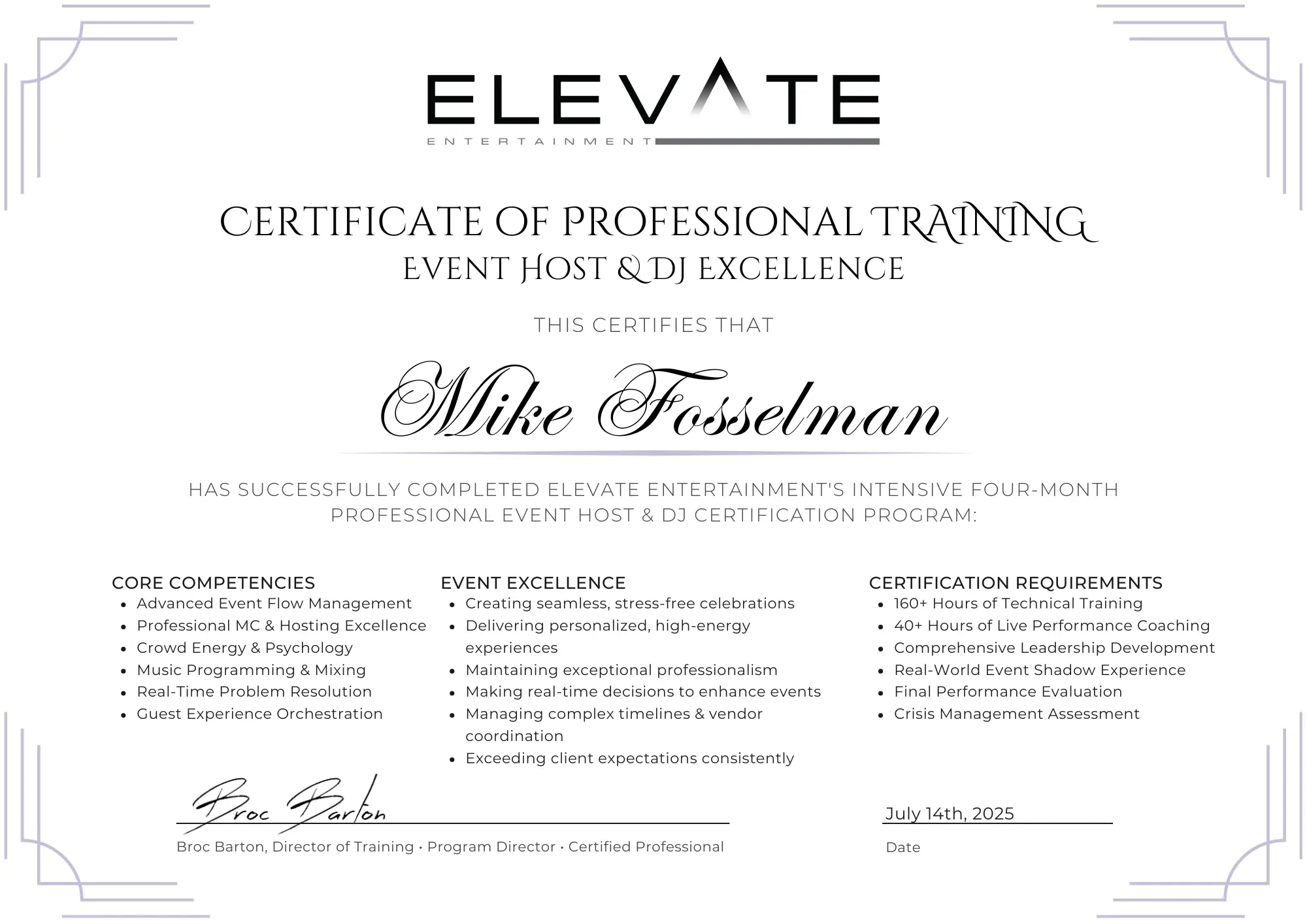 DJ Apollo DJ Apollo Elevate Certificate